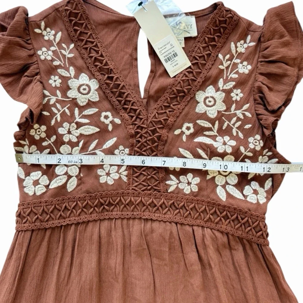 Boho Floral Embroidered Ruffle Tiered Mini Dress Rust Orange Terracotta Size 12
